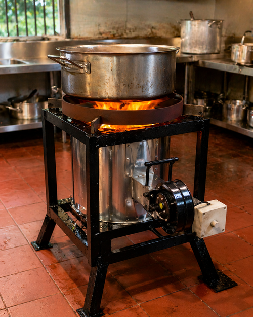 A rustic black and stainless steel wood-burning stove with a large pot sitting on top, set in a tiled kitchen environment.